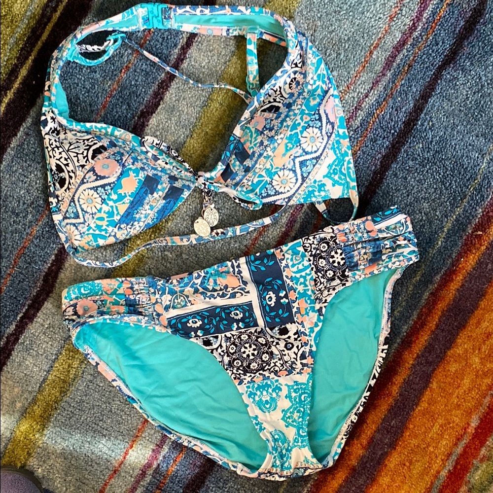 Seafolly Blue and Pink Patterned Bikini Set